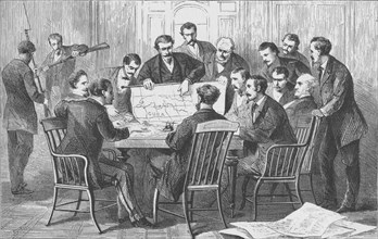 'The Cuban insurrectionists's meeting in their headquarters, on the corner of Rector Street and Broa Artist: Theodore R Davis.