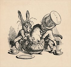 'The Mad Hatter and March hare trying to put the Dormouse into a teapot', 1889. Artist: John Tenniel.