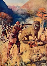 'A Large Lion sprung upon one of the Men', 1909. Artist: Joseph Ratcliffe Skelton.