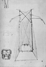 'Study of Motive Apparatus of Flying Machine with Ground Plan of Mechanism of Base', 1928. Artist: Leonardo da Vinci.