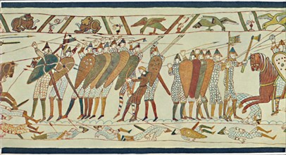 'The Beginning of the Battle of Senlac (Bayeux Tapestry)', c15th century, (1902). Artist: Unknown.