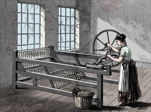 Woman using a Spinning Jenny, c1880. Artist: Unknown.