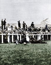 Emily Davison throwing herself in front of the King's horse during the Derby, Epsom, Surrey, 1913. Artist: Unknown.