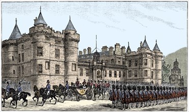 The queen leaving Holyrood Palace, Edinburgh, 1886, (1900). Artist: Unknown.