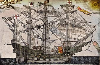A woodcut of a ship which is believed to be The Ark Royal, c1587. Artist: Unknown.