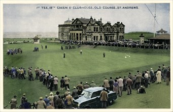 '1st Tee, 18th Green & Clubhouse, Old Course, St. Andrews', c1955. Artist: Unknown.