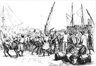'Food for the Troops: Landing Cattle at Port Said', c1882. Artist: Unknown.