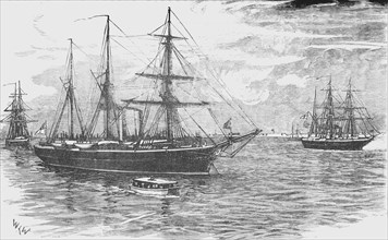 'HMS Iris, with the Gunboats Beacon and Decoy, Blockading Damietta', c1882. Artist: Unknown.