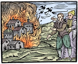 Witches destroying a house by fire  - Swabia, 1533. Artist: Unknown.