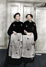 Emmeline and Christabel Pankhurst, English suffragettes, in prison dress, 1908. Artist: Unknown.