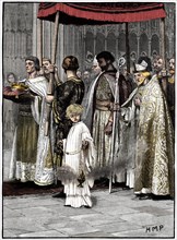 Coronation of Richard I in Westminster Abbey 1189, (c1880). Artist: Unknown.