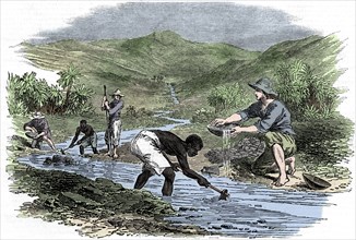 Panning for gold during the Californian Gold Rush of 1849. Artist: Unknown.