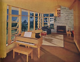 'Scale model of a large living-room (25 feet long) in a modern house, designed by Edward D. Stone',  Artist: Unknown.