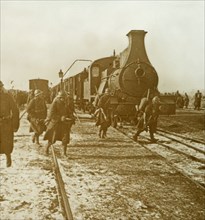 Troops disembarking from steam train, c1914-c1918. Artist: Unknown.