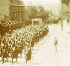 Troops marching, Alveringem, Flanders, Belgium, c1914-c1918. Artist: Unknown.