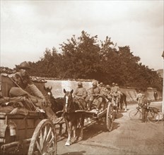 Troops in horse-drawn carts, Raux, France, c1914-c1918. Artist: Unknown.