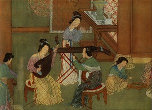 'Chinese lute p'i-p'a, moon guitar yue-chin and table zither tchin; detail of a painting on silk of  Artist: Unknown.