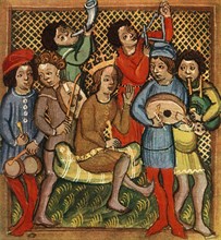 'Small drums, fiddle, horn, triangle lute and bagpipes; Olomouc Bible, 1417', 1948. Artist: Unknown.