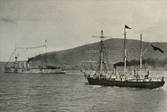 'The Nimrod Passing H.M.S. Powerful,...in Lyttelton Harbour', 1 January 1908, (1909).  Artist: Unknown.