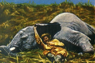 Trophy-hunter with dead elephant, c1928. Creator: Unknown.