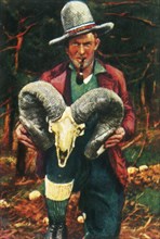 Trophy-hunter holding Bighorn sheep skull, c1928.  Creator: Unknown.