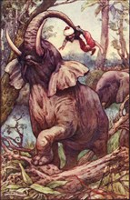 'The animal took me up with his trunk, and placed me on his shoulders', c1930. Creator: Frank C. Pape.