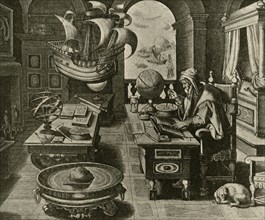 'A Navigating Expert at Work in His Study with Globe and Compass', c1591, (1928).  Creator: Unknown.