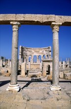 The Market, Leptis Magna, Libya, c3rd century AD. Pillars in the ancient Roman city.