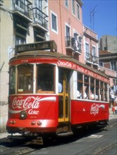 Tram in the Alfama, Lisbon, Portugal.