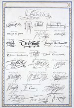 Reproduction of the signatures of the Tudors and members of their court, 1825. Artist: Sarah, Countess of Essex