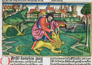 Judges 14:5-9: Samson slaying the lion. Artist: Unknown