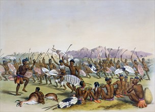 'Zulu Hunting Dance near the Engooi Mountains', 1849. Artist: George French Angas
