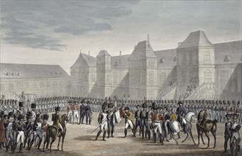 The abdication of Napoleon and his departure from Fontainebleau for Elba, 20th April 1814. Artist: Francois Pigeot