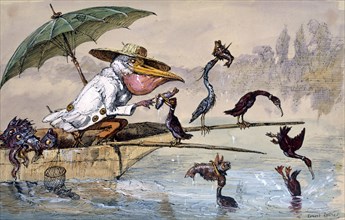 Cormorants presenting fish to a pelican in a punt under an umbrella, c1864-1907. Artist: Ernest Henry Griset
