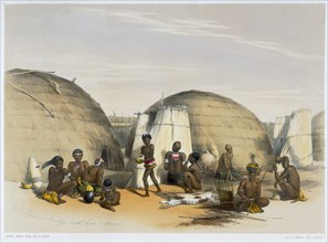 Zulu kraal at Umlazi with huts and screens, 1849. Artist: George French Angas
