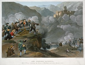 'The Tirolese Patriots Storming the Fortress of Kuffstein with their wooden Guns, 1816. Artist: John Heaviside Clark