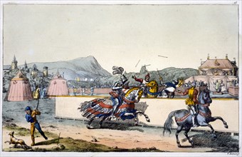 Knights jousting at a tournament, 19th century. Artist: Unknown