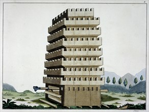 Moveable siege tower with outer galleries and a battering ram, 1842. Artist: Friedrich Martin von Reibisch