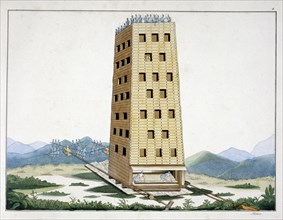 Moveable siege tower, designed after Caesar's tower at Namur, 1842. Artist: Friedrich Martin von Reibisch