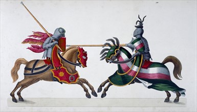 Two knights jousting at a tournament, 1842. Artist: Friedrich Martin von Reibisch