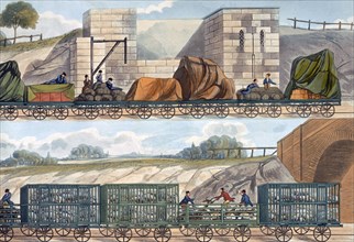 Trains on the Liverpool and Manchester Railway, 1832-1833. Artist: SG Hughes