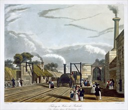 'Taking in Water at Parkside', Liverpool and Manchester Railway, 1833. Artist: Henry Pyall