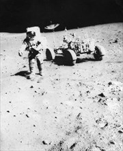 James Irwin (1930-1991) moonwalking during the Apollo 15 mission, 1971. Artist: Unknown