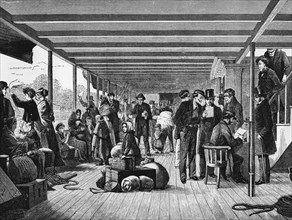 Swedish emigrants on the deck of a ship, 1880s. Artist: Unknown