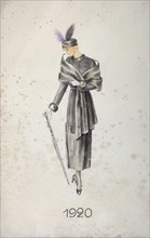 Model wearing a coat and a hat with feathers, carrying an umbrella, 1920. Artist: Unknown