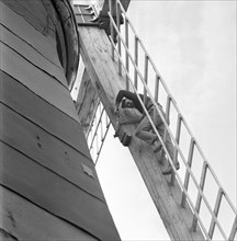 Repairing the sails of a windmill, Säbyholm, Sweden, 1964. Artist: Unknown