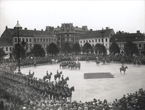 Cavalrymen parade in Town Hall Square before leaving for Malmo, Landskrona, Sweden, 1926. Artist: Unknown