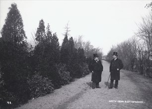 Two men walking in the Castle Park, Landskrona, Sweden, 1900.  Artist: Borg Mesch