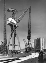 Cranes at Kockums shipyard, Malmö, Sweden, 1940s. Artist: Unknown