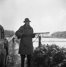 King Gustav V of Sweden hunting on the Övedskloster estate, Scania, Sweden, 1946. Artist: Otto Ohm